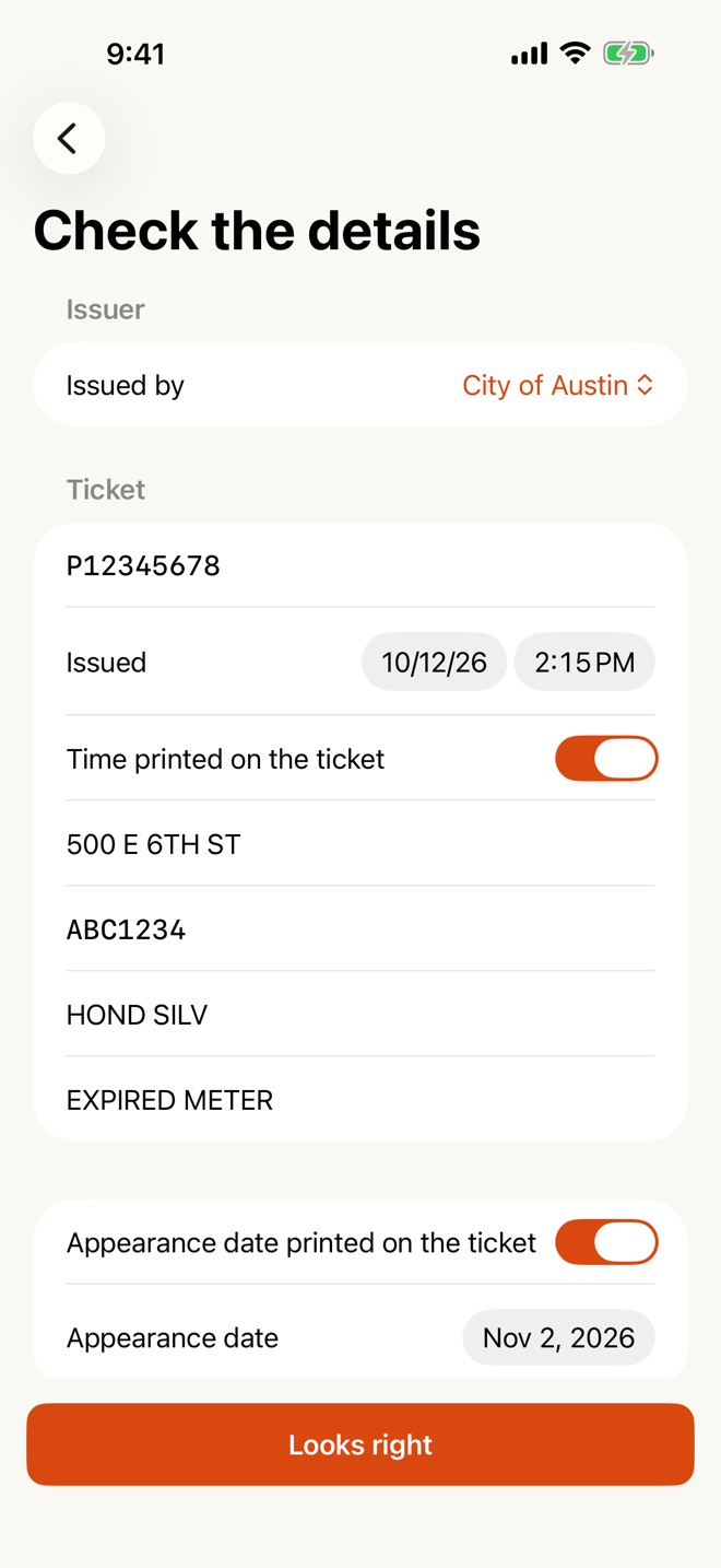 The confirm screen showing the citation number, date and time, location, plate, vehicle and violation read from the ticket, with the deadline below.
