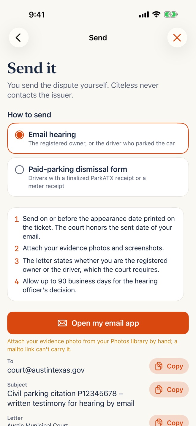 The send screen with the court's email address, the subject line and the letter, each with a copy button.